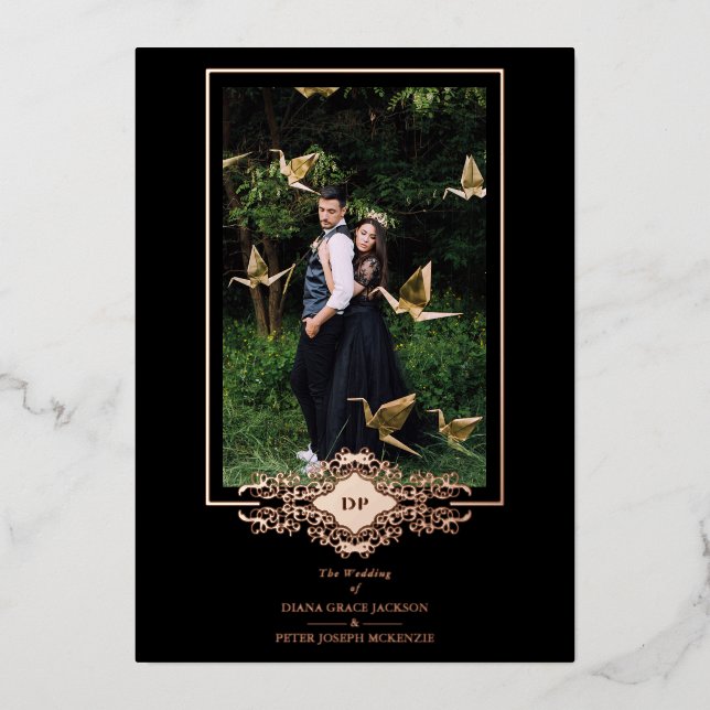 Invitation En Aluminium Luxe Sophisticat Black Flourish Chic Rose Or (Recto)