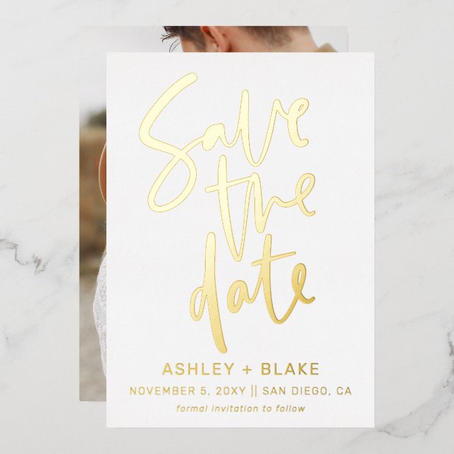 Invitation En Aluminium Luxe Texte manuscrit Photo Enregistrer La Date (Recto/Verso)