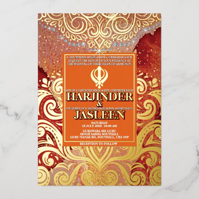 Invitation En Aluminium LuxGlitter Mariage indien Sikh Anand Karaj (Recto)