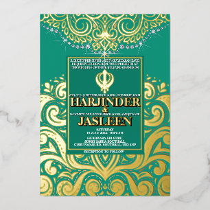 Invitation En Aluminium LuxGlitter Peacock Gold Sikh Anand Karaj Mariage