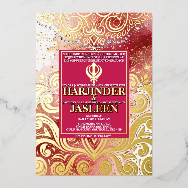 Invitation En Aluminium LuxGlitter rose et or Sikh Anand Karaj Mariage (Recto)