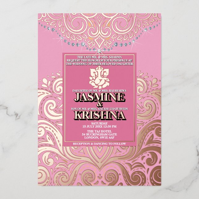 Invitation En Aluminium LuxGlitter roseOr Ganesha Mariage hindou Gnesha (Recto)