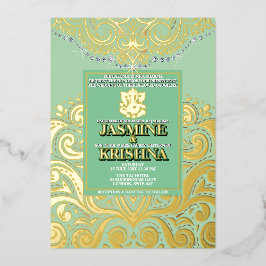 Invitation En Aluminium LuxGlitter Sage Green Gold Ganesha Mariage hindou