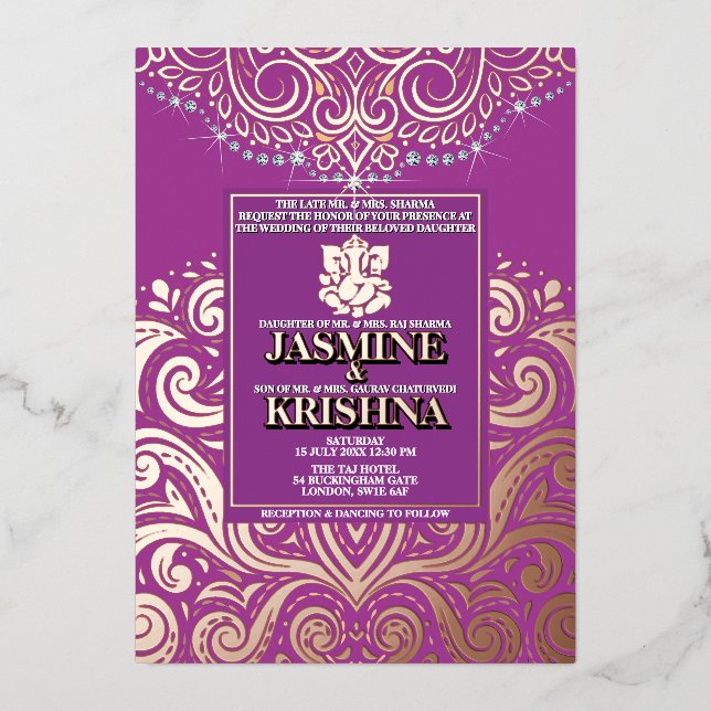 Invitation En Aluminium LuxGlitter violet roseOr Ganesha Mariage hindou (Recto)