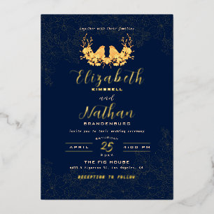 Invitation En Aluminium Luxueux Oiseaux Dorés Fleuris Motif Bleu Marine