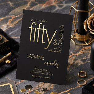 Invitation En Aluminium Luxueux Or Noir Élégant 50 & Anniversaire Fabuleux