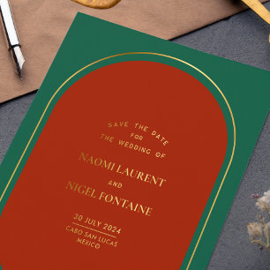 Invitation En Aluminium Luxueux Rouge Vert et Or Enregistrez la Date