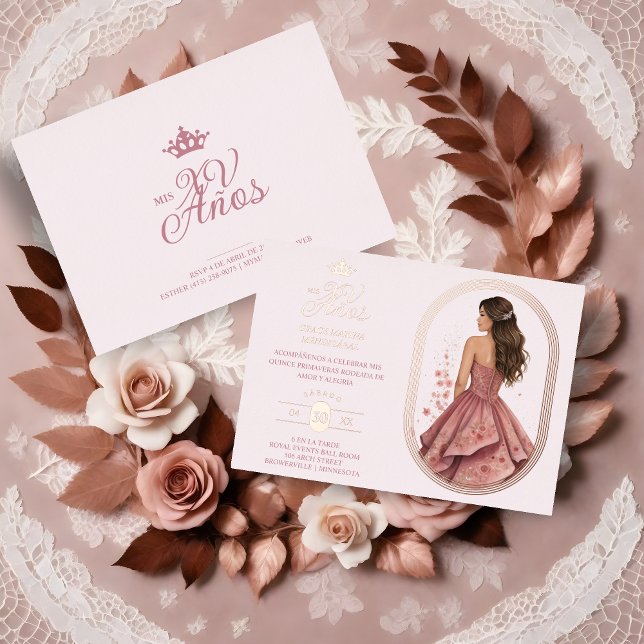 Invitation En Aluminium Luxurious Rose Gold Oval Frame Charming MIs XV (Spanish Luxurious Rose Gold Oval Frame Charming Quinceañera Doll Illustration in Pink Shades.)