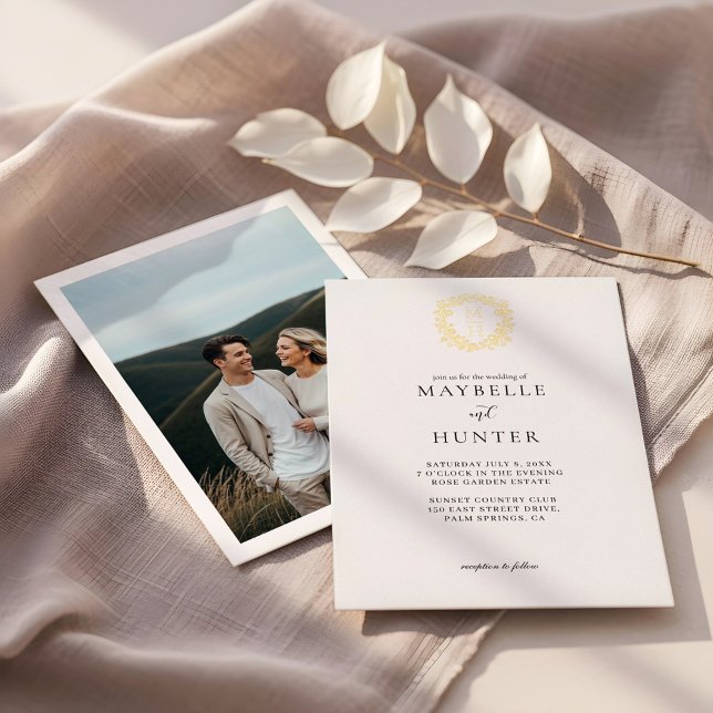 Invitation En Aluminium Luxury Floral Vine Crest Monogram Wedding Photo (Créateur téléchargé)