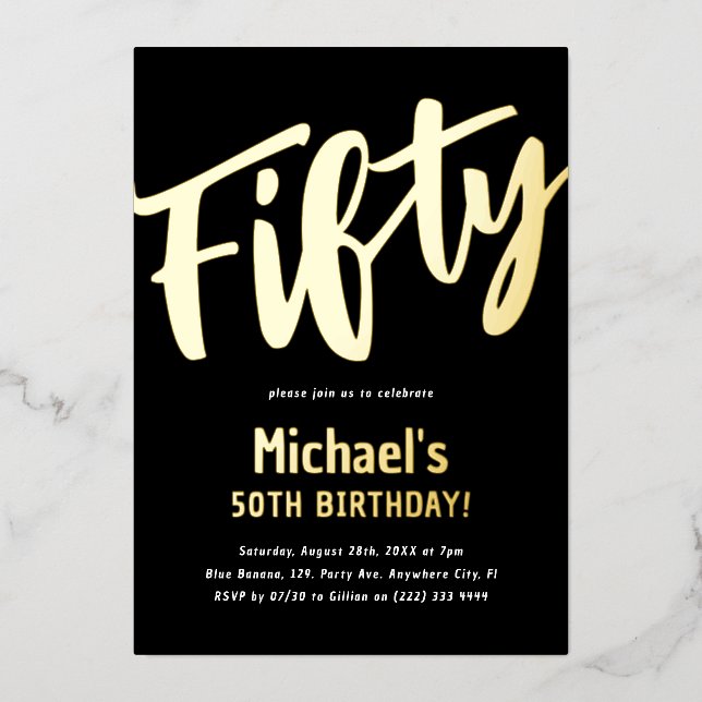 Invitation En Aluminium Luxury Gold 'Fifty' Adult Milestone 50e Anniversai (Recto)