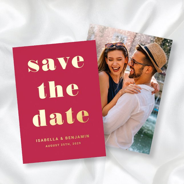 Invitation En Aluminium Magenta Photo Moderne Enregistrer La Date Gold Foi (Modern Magenta Photo Save The Date Gold Foil Foil Invitation)