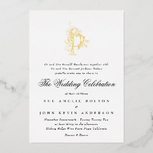 Invitation En Aluminium Magnifique Élégante Fleurie Monogramme Or Mariage