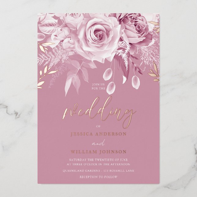 Invitation En Aluminium Magnifique rose rose Mariage Rose or (Recto)