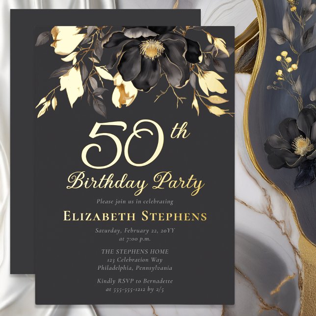 Invitation En Aluminium Magnolia Élégant Fête d'anniversaire des 50 ans Ad (Elegant Magnolia Luxury Gold Foil Graphite Gray Adult 50th Birthday Party Invitation)