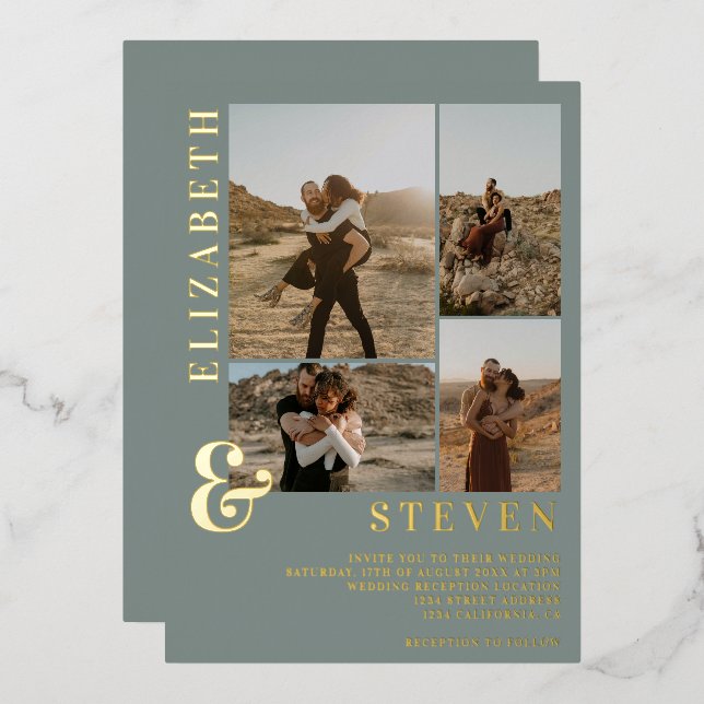 Invitation En Aluminium Maillot bleu poussiéreux 4 grille photo or mariage (Recto/Verso)