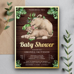 Invitation En Aluminium Maman Bébé Lionceau Jungle Bois Baby Shower Or