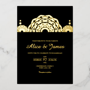 Invitation En Aluminium Mandala Haut de Page Élégant Mariage Noir Or Feuil