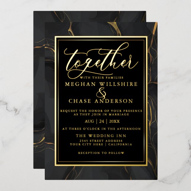 Invitation En Aluminium Marbre noir doré élégant moderne (Recto/Verso)