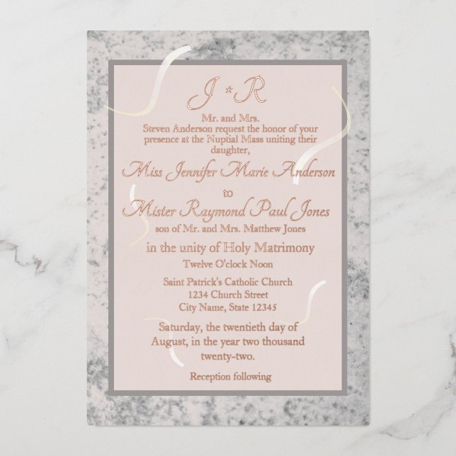 Invitation En Aluminium Marbre rose et gris Mariage catholique traditionne (Recto)