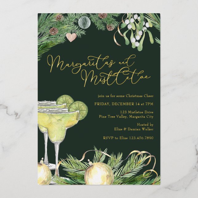 Invitation En Aluminium Margaritas et Mistletoe Cocktail Party Gold (Recto)