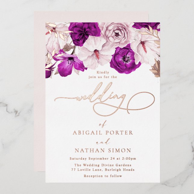 Invitation En Aluminium Mariage à huile d'or violet et Rose (Recto/Verso)