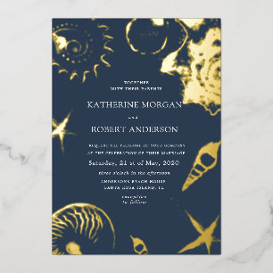 Invitation En Aluminium Mariage à la plage bleu doré