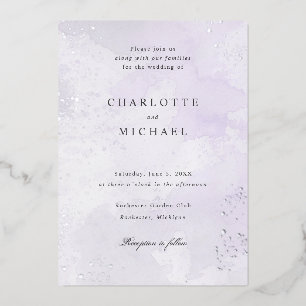 Invitation En Aluminium Mariage à l'aquarelle violette avec feuille d'arge