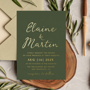 Invitation En Aluminium mariage à l'écriture dorée vert olive