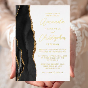 Invitation En Aluminium Mariage à l'encre noire et or Agate