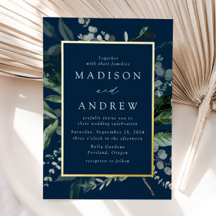 Invitation En Aluminium Mariage Abondante Végétation Cadre Navy et Or