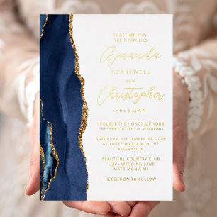Invitation En Aluminium Mariage Agate Bleu Nuit Or Script