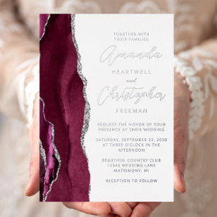 Invitation En Aluminium Mariage Agate Bourgogne Écriture Argent