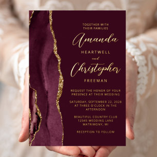 Invitation En Aluminium Mariage Agate Bourgogne Or Script