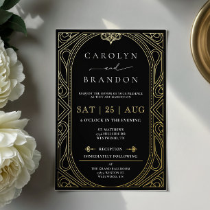 Invitation En Aluminium Mariage Art déco élégant à la pince noire et or