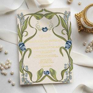 Invitation En Aluminium Mariage Art nouveau floral Bleu poussiéreux Nuit