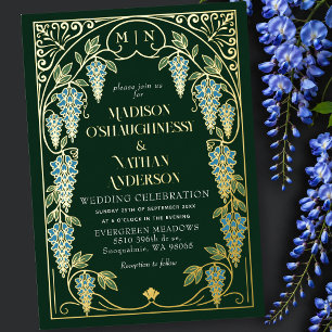 Invitation En Aluminium Mariage Art Nouveau Vintage Fleur de Glycine Bleue