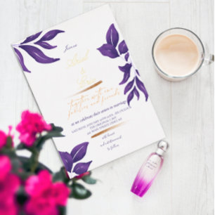 Invitation En Aluminium Mariage au eucalyptus émeraude, violet et or