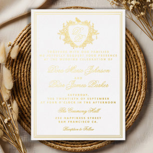 Invitation En Aluminium Mariage au monogramme de blason vintage en dorure
