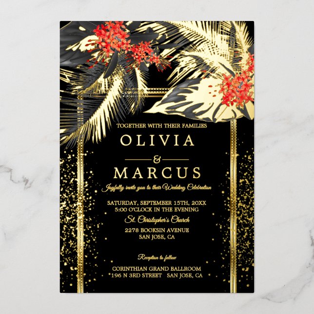 Invitation En Aluminium Mariage | Black Tropical Fern Crimson Plumeria (Recto)