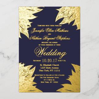 Invitation En Aluminium Mariage bleu de la marine Feuille réelle