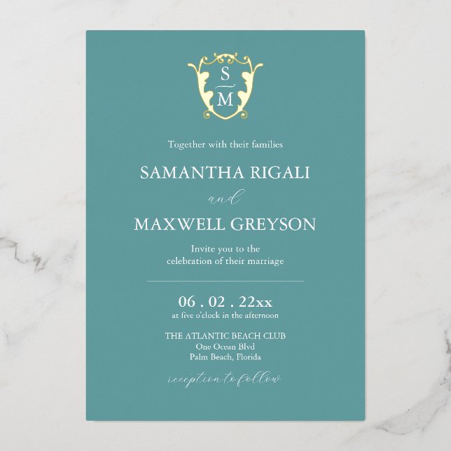 Invitation En Aluminium Mariage bleu simple Monogramme (Recto)