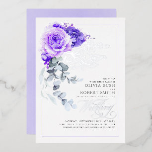 Invitation En Aluminium Mariage Bohème Floral Violet et Argent