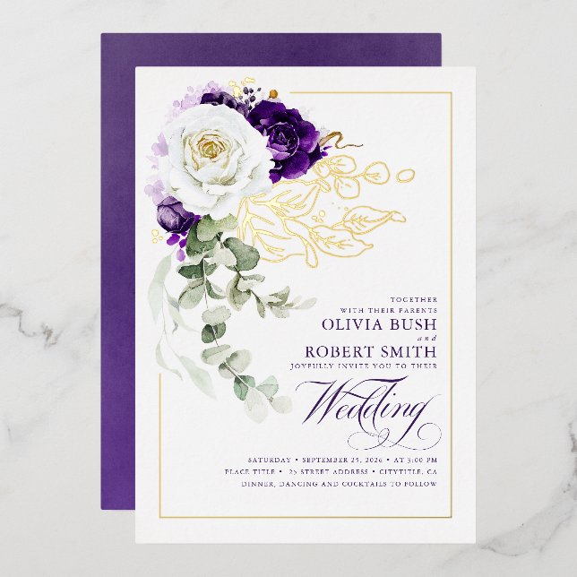 Invitation En Aluminium Mariage Boho Floral Purple & Blanc (Recto/Verso)