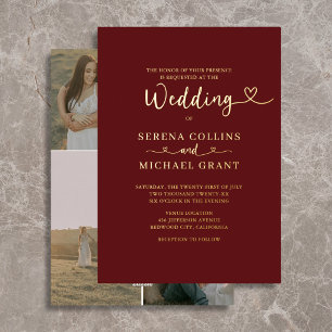 Invitation En Aluminium Mariage Bordeaux Photo Coeur 4 Écriture Classique