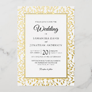 Invitation En Aluminium Mariage Bordure Feuille Dorée Feuillage