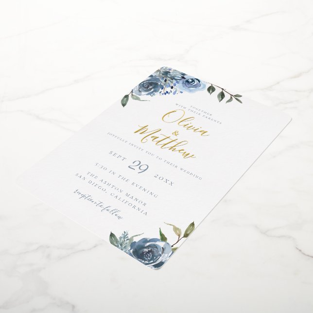 Invitation En Aluminium Mariage botanique bleu Dusty (Rotation)