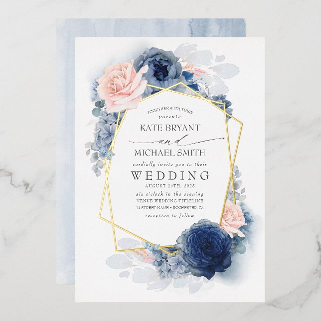 Invitation En Aluminium Mariage botanique bleu et rose (Recto/Verso)