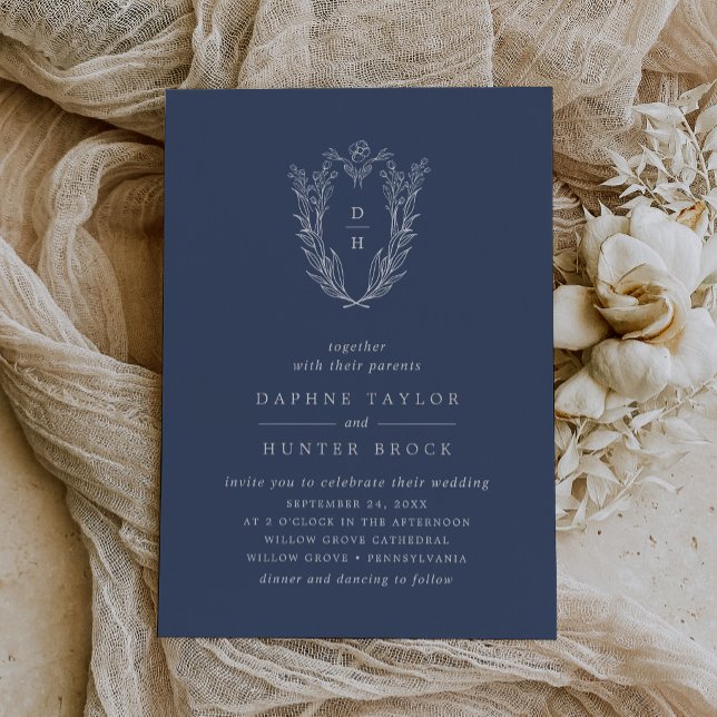Invitation En Aluminium Mariage botanique DAPHNE Bleu foncé Argent (DAPHNE Dark Blue Silver Foil Botanical Wedding Foil Invitation)