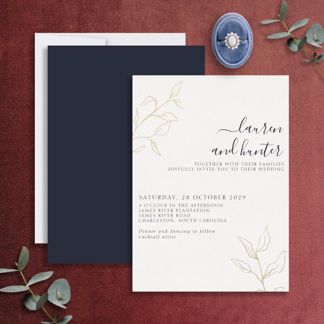 Invitation En Aluminium Mariage botanique moderne bleu marine (Créateur téléchargé)