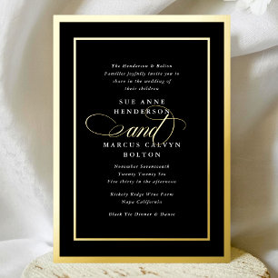 Invitation En Aluminium Mariage cadre doré calligraphie Premium Blanc Noir